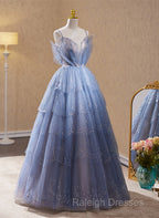 Light Blue Tulle Beaded Long Formal Dress, Light Blue Shiny Tulle Evening Dress Prom Dress