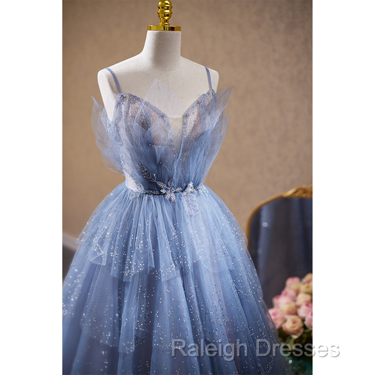 Light Blue Tulle Beaded Long Formal Dress, Light Blue Shiny Tulle Evening Dress Prom Dress