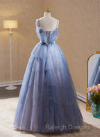 Light Blue Tulle Beaded Long Formal Dress, Light Blue Shiny Tulle Evening Dress Prom Dress
