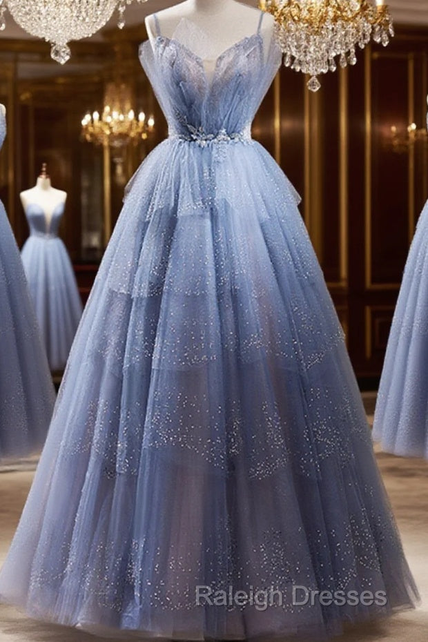 Light Blue Tulle Beaded Long Formal Dress, Light Blue Shiny Tulle Evening Dress Prom Dress Main image