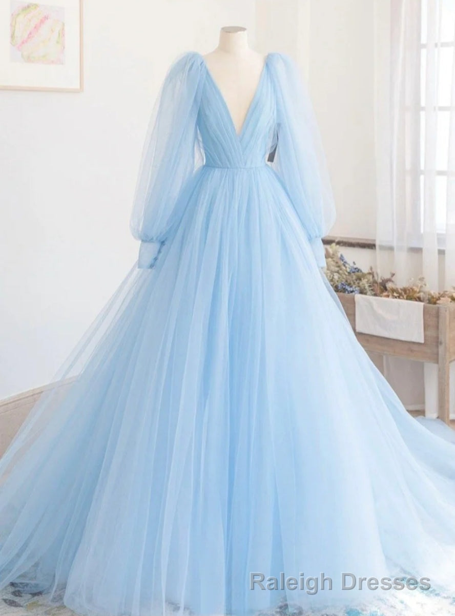 Light Blue Tulle Deep V-neck Long Sleeve Prom Dress Main image