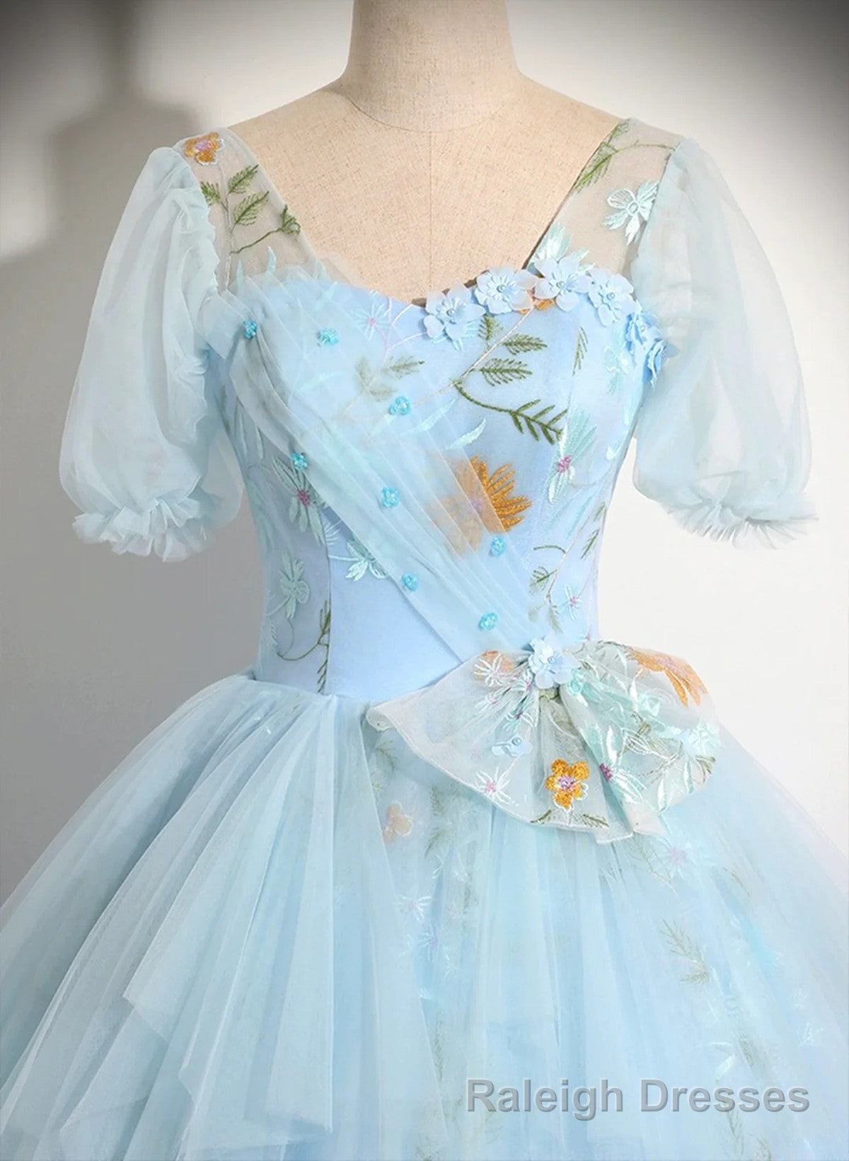 Light Blue Tulle Floor Length Prom Dress, Beautiful Short Sleeves Sweet 16 Dress
