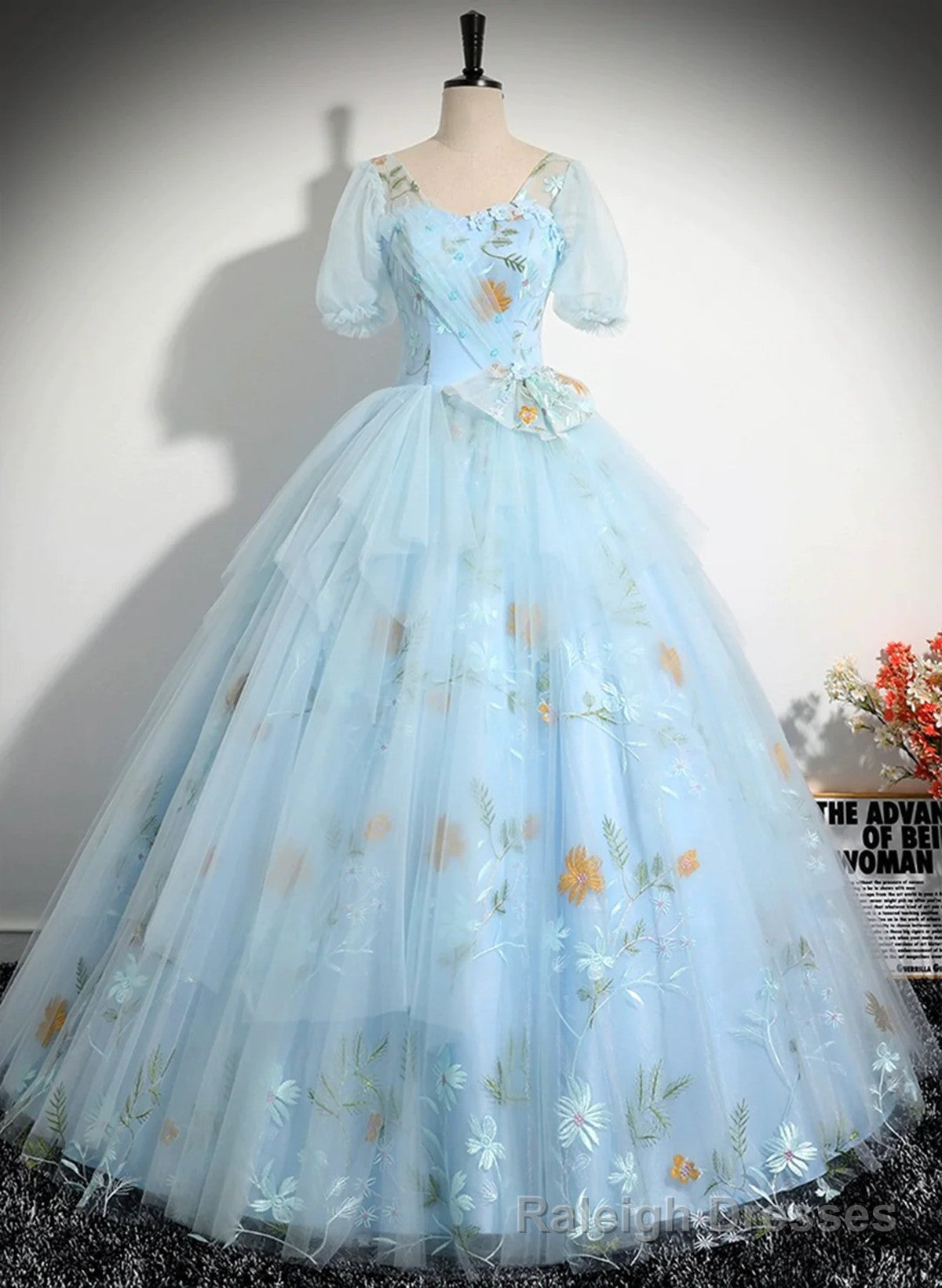 Light Blue Tulle Floor Length Prom Dress, Beautiful Short Sleeves Sweet 16 Dress Main image