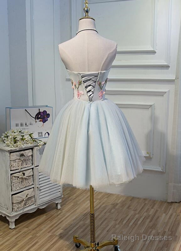 Light Blue Tulle Floral Short Sweetheart Homecoming Dress, Blue Prom Dress