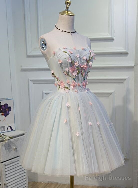 Light Blue Tulle Floral Short Sweetheart Homecoming Dresses Blue Prom Dresses