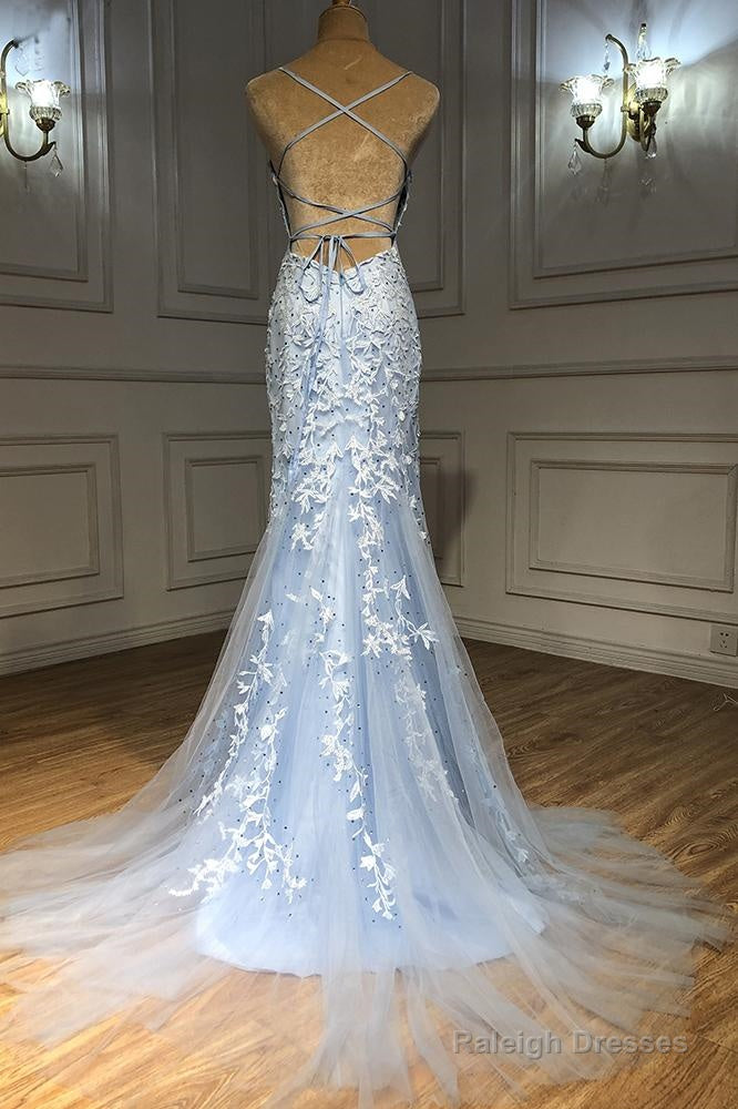 Light Blue Tulle Lace Appliques Long Mermaid Prom Dress, Open Back Party Dress Secondary image
