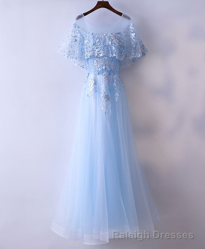 Light Blue Tulle Lace Long Prom Dress, Blue Lace Graduation Dress Main image