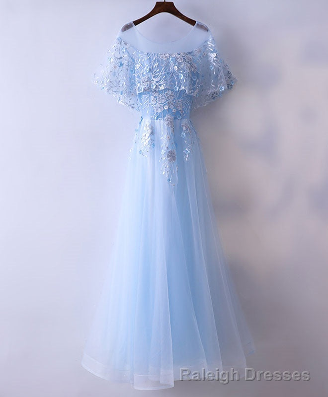 Light Blue Tulle Lace Long Prom Dress, Blue Lace Graduation Dress