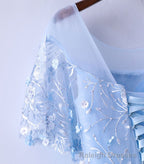 Light Blue Tulle Lace Long Prom Dress, Blue Lace Graduation Dress