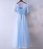 Light Blue Tulle Lace Long Prom Dress, Blue Lace Graduation Dress