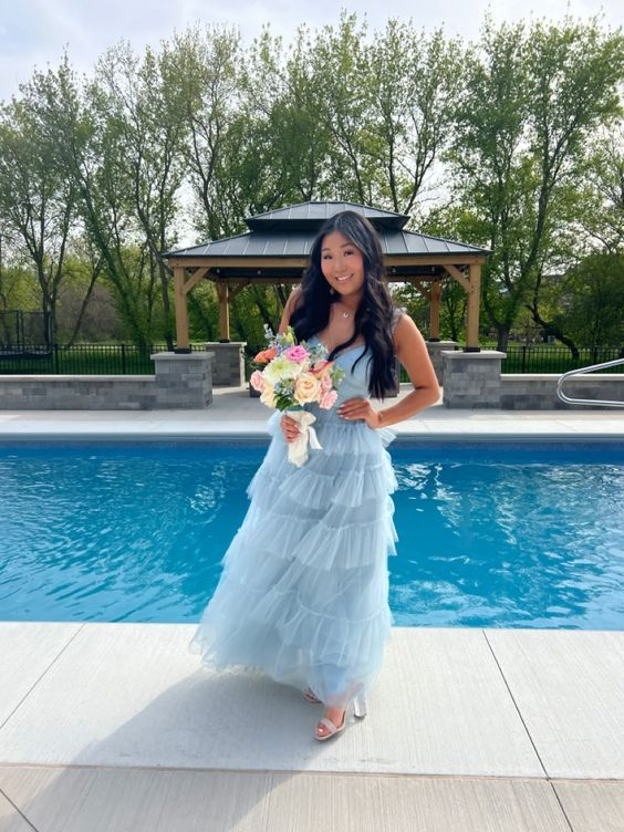 Light Blue Tulle Layered Prom Dresses Long Elegant Prom Dresses