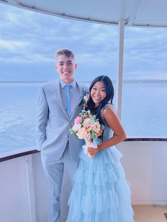 Light Blue Tulle Layered Prom Dresses Long Elegant Prom Dresses