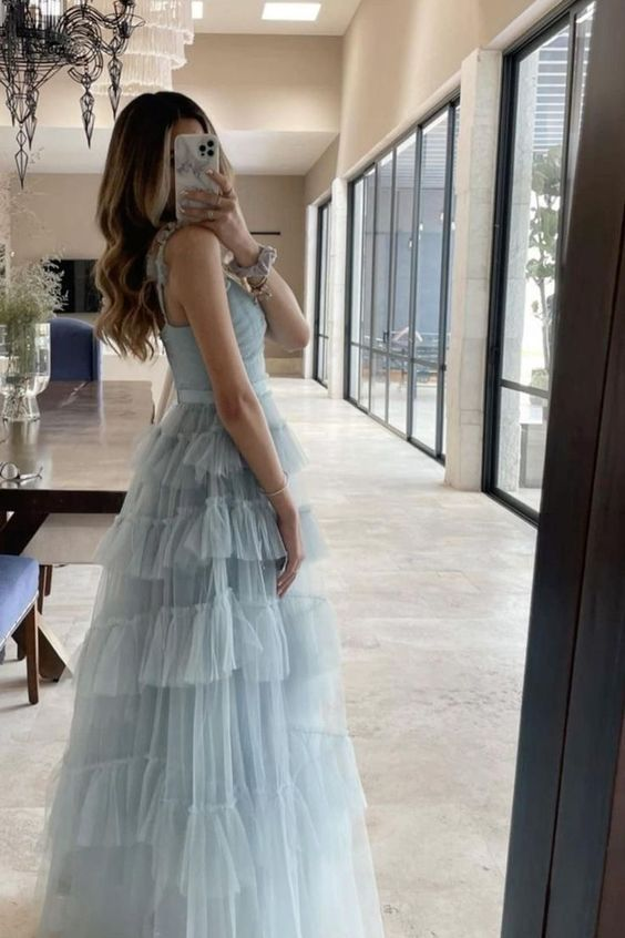 Light Blue Tulle Layered Prom Dresses Long Elegant Prom Dresses
