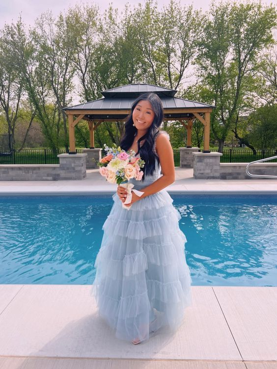 Light Blue Tulle Layered Prom Dresses Long Elegant Prom Dresses