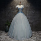 Light Blue Tulle Long Party Dress Formal Dress, Blue Tulle Formal Dress with Flowers