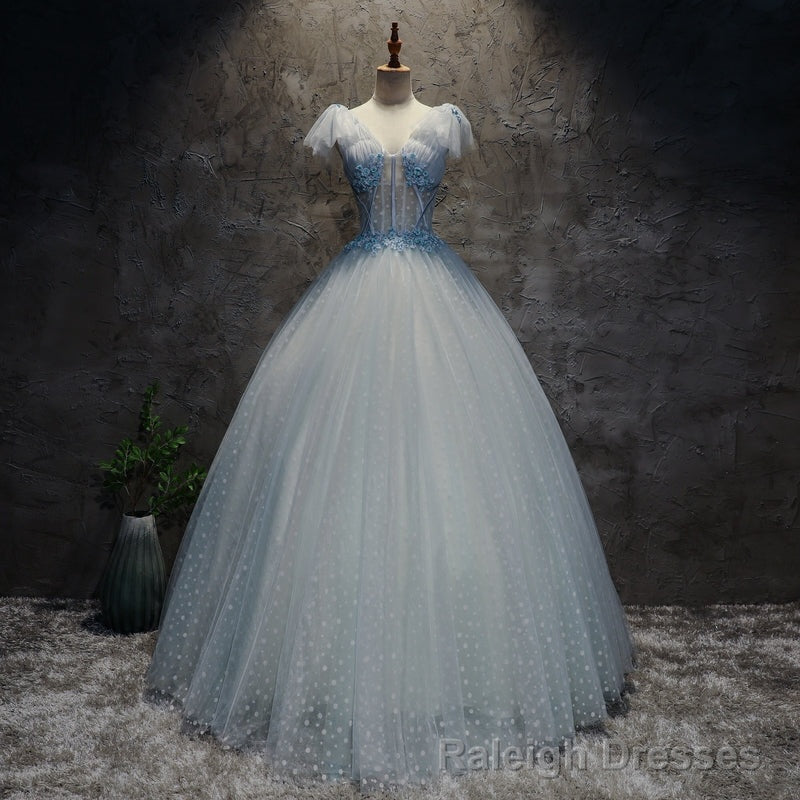 Light Blue Tulle Long Party Dress Formal Dress, Blue Tulle Formal Dress with Flowers