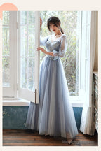Light Blue Tulle Long Party Dress With Puffy Sleeves, Blue Evening Dress Prom Dress