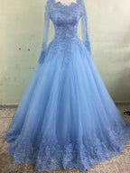 Light Blue Tulle Long Sleeves Ball Gown Party Dress With Lace, Blue Evening Dress Prom Dress