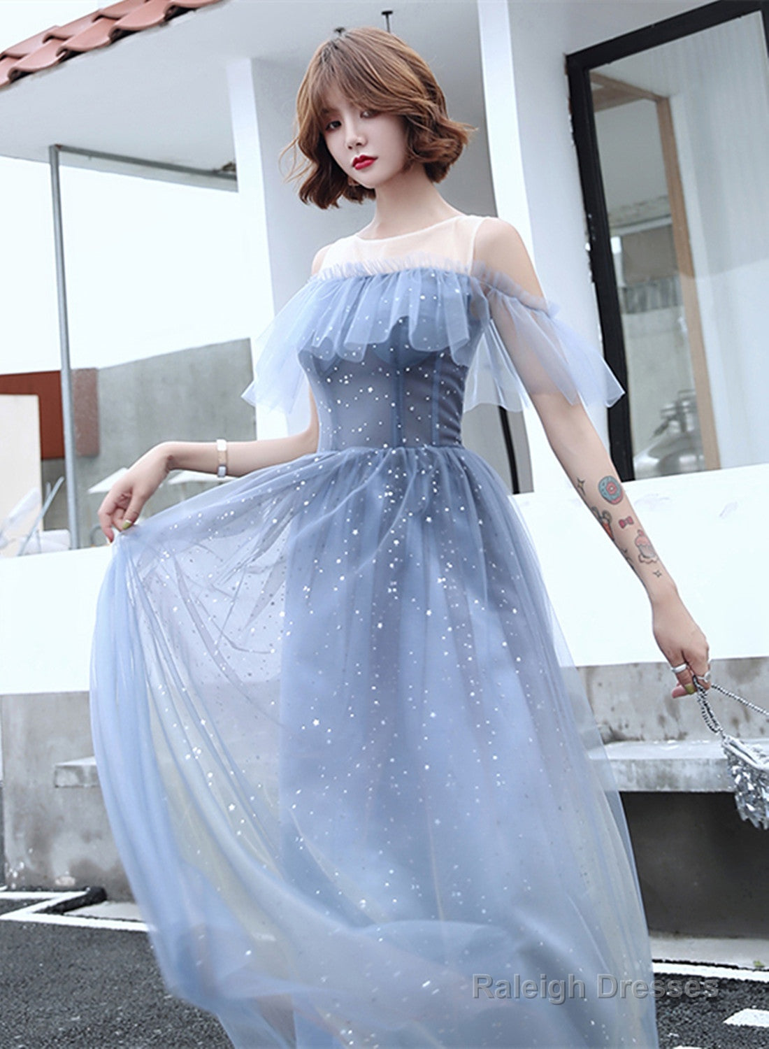 Light Blue Tulle Off Shoulder Long Formal Dress, Blue Evening Party Dress Secondary image