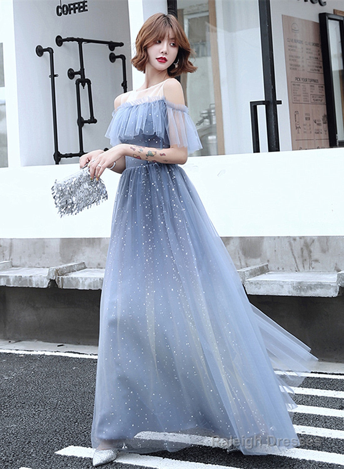 Light Blue Tulle Off Shoulder Long Formal Dress, Blue Evening Party Dress Main image