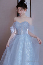 Light Blue Tulle Off Shoulder Party Dress, A-Line Sequins Blue Formal Dress Prom Dress