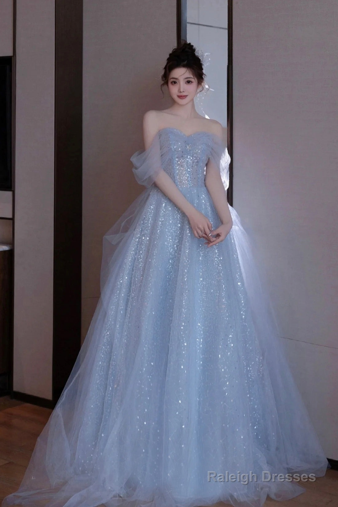 Light Blue Tulle Off Shoulder Party Dress, A-Line Sequins Blue Formal Dress Prom Dress