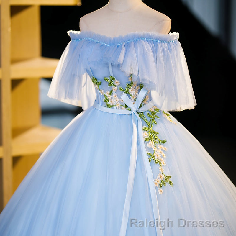 Light Blue Tulle Off Shoulder with Lace Applique Prom Dress, Blue Long Party Dress