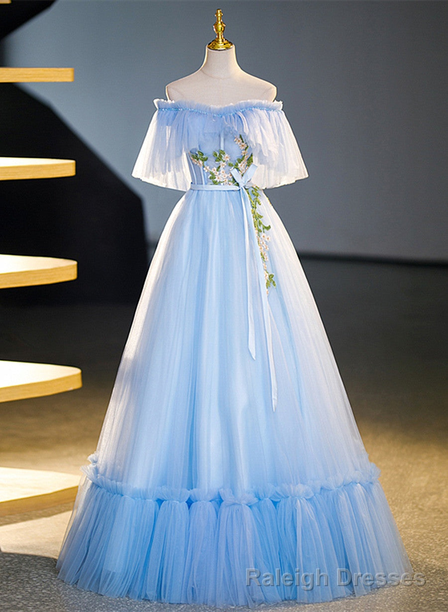 Light Blue Tulle Off Shoulder with Lace Applique Prom Dress, Blue Long Prom Dress