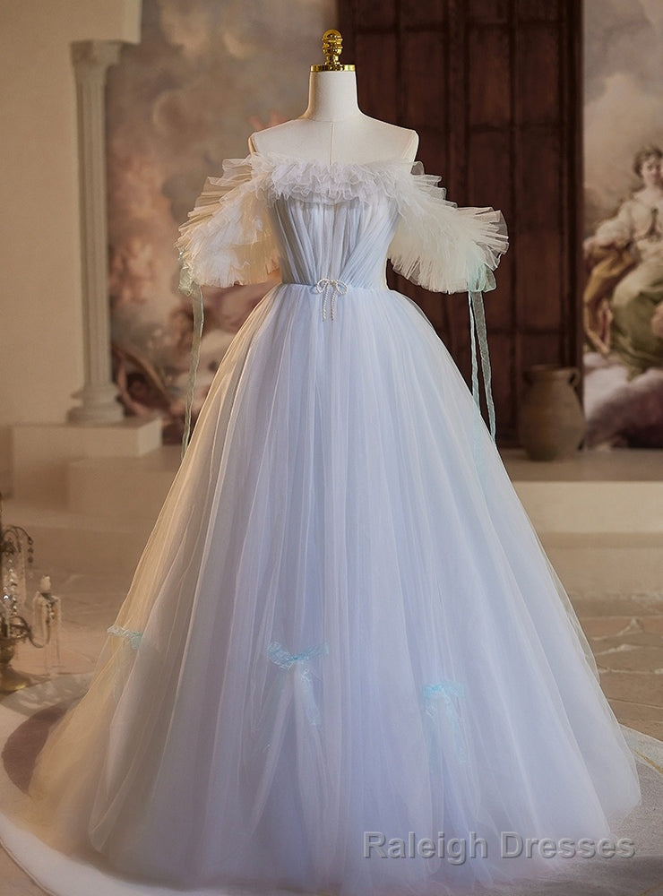 Light Blue Tulle Off the Shoulder Pleats Prom Dress Main image
