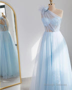 Light Blue Tulle One Shoulder Dresses