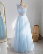 Light Blue Tulle One Shoulder Dresses