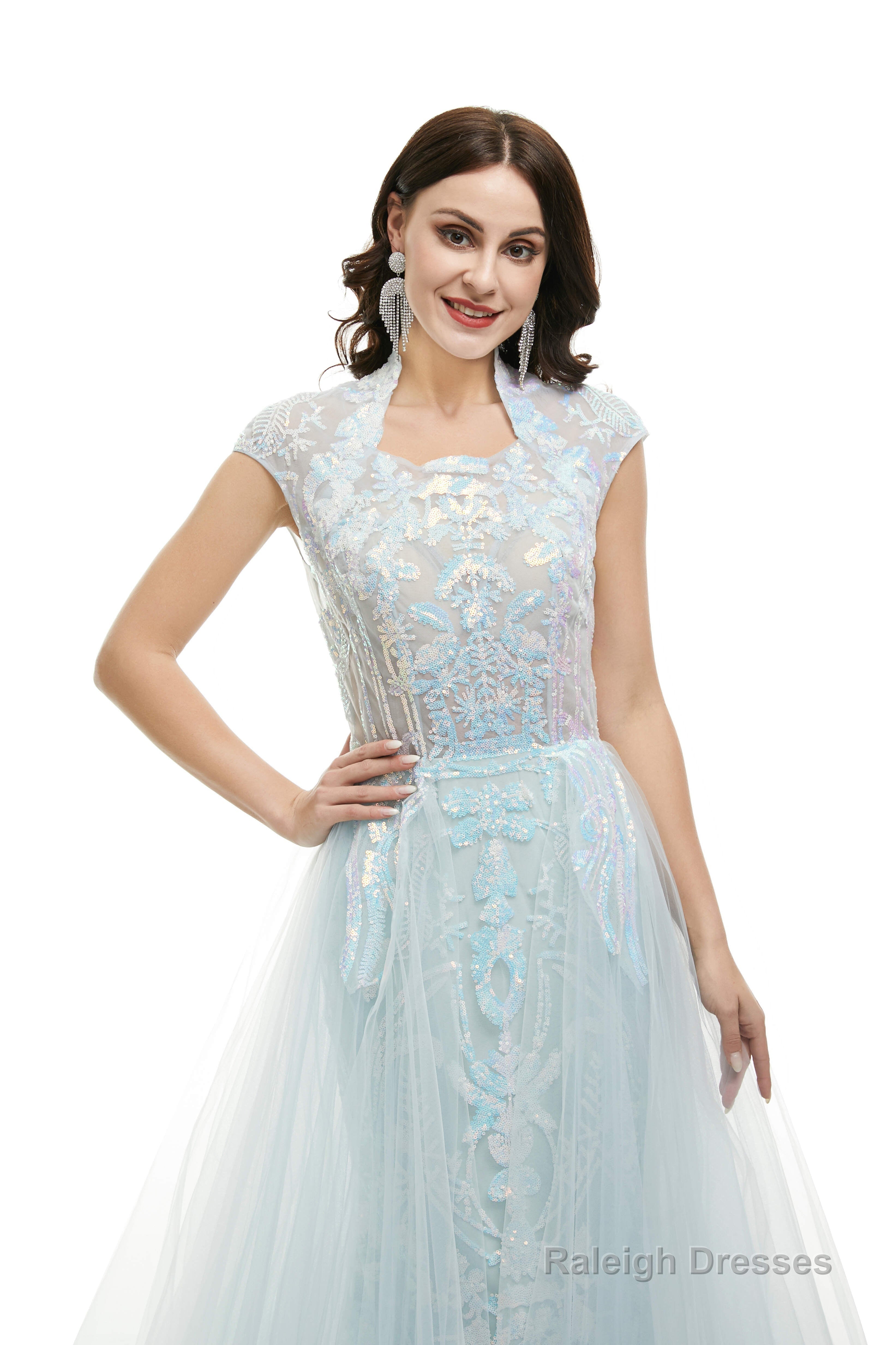 Light Blue Tulle Sequins Appliques Cap Sleeve Prom Dresses Secondary image