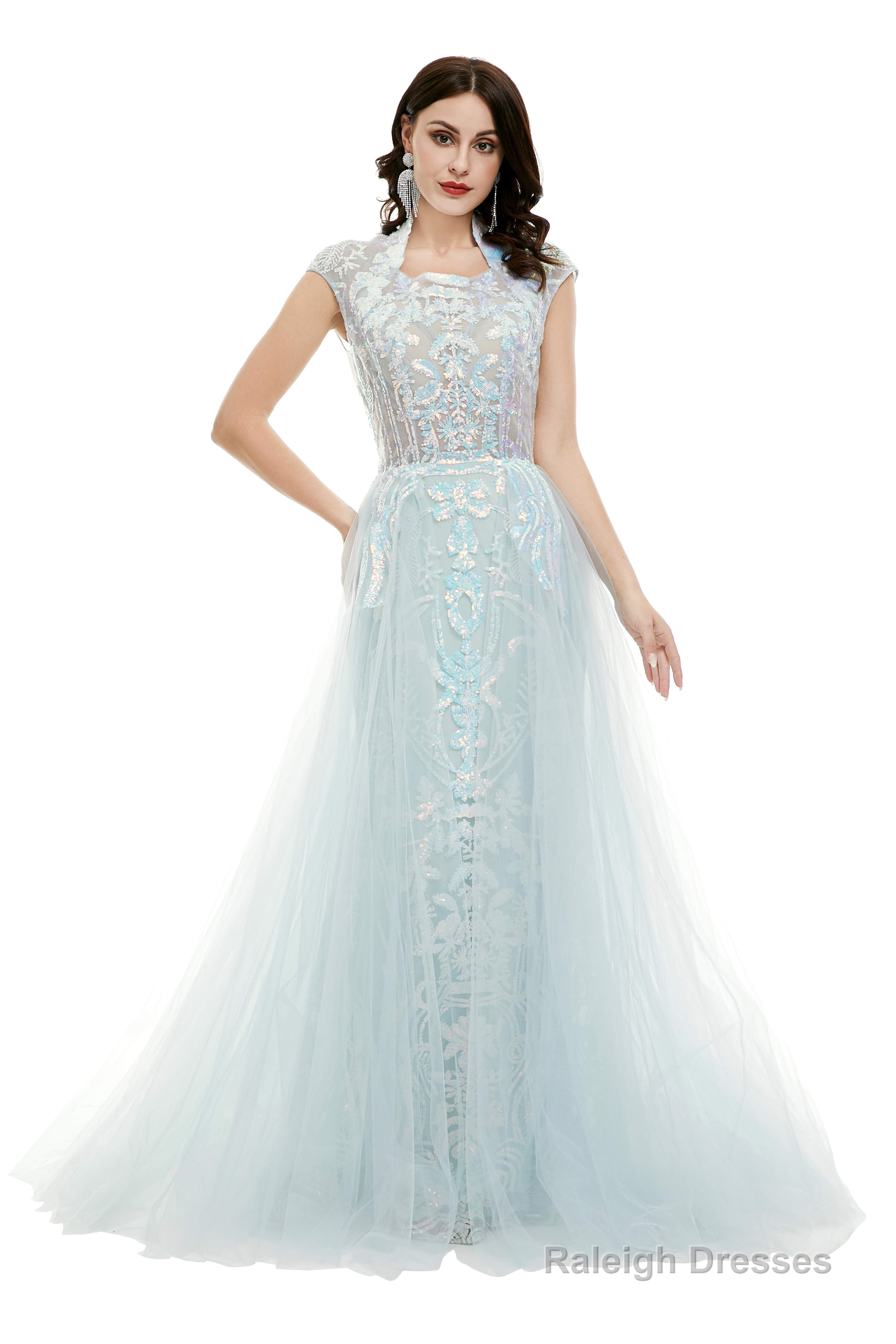 Light Blue Tulle Sequins Appliques Cap Sleeve Prom Dresses
