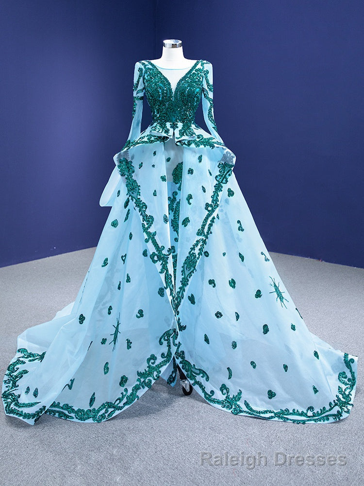 Light Blue Tulle Sequins Appliques Long Sleeve Prom Dress Main image