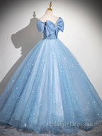 Light Blue Tulle Sequins Long Prom Dress, A-Line Off Shoulder Evening Dress