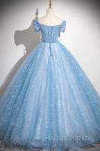 Light Blue Tulle Sequins Long Prom Dress, A-Line Off Shoulder Evening Dress