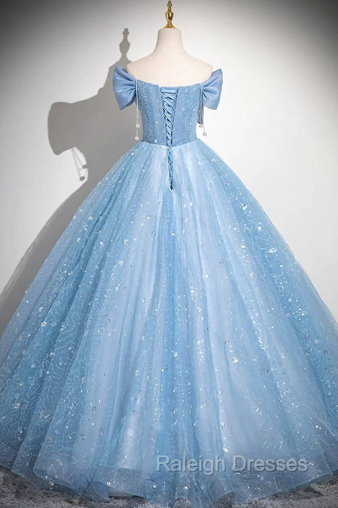 Light Blue Tulle Sequins Long Prom Dress, A-Line Off Shoulder Evening Dress