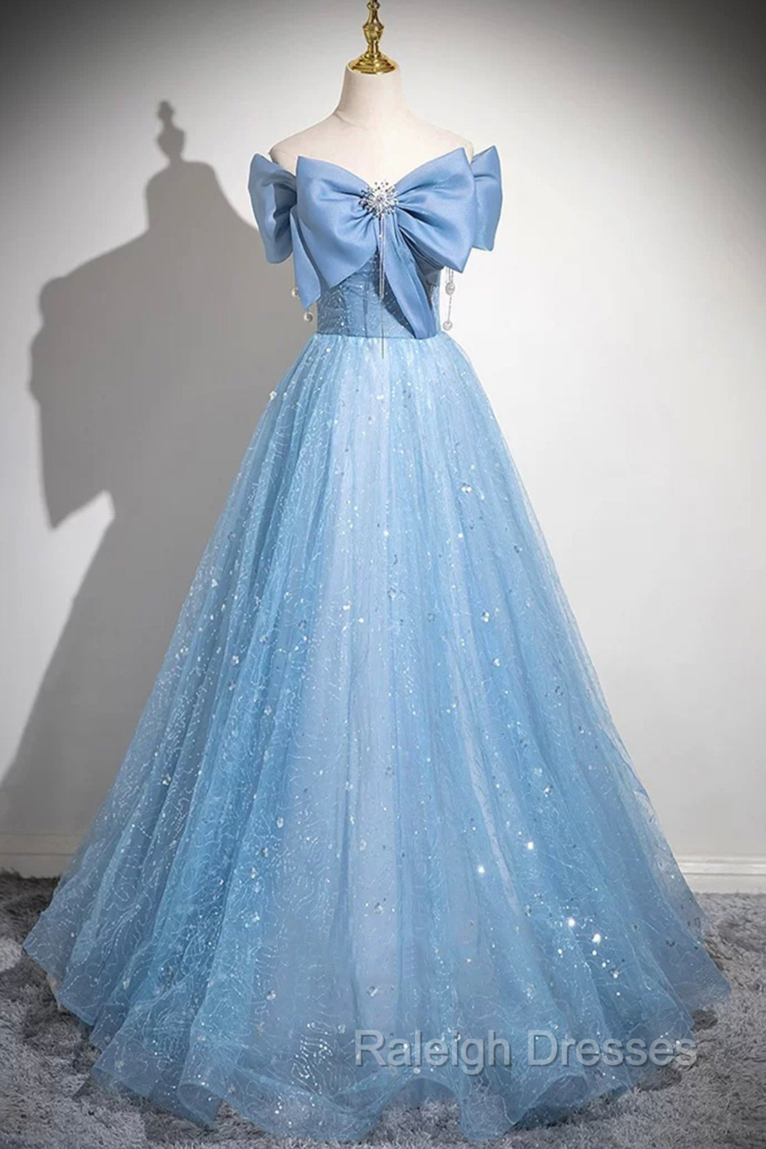 Light Blue Tulle Sequins Long Prom Dress, A-Line Off Shoulder Evening Dress