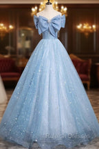 Light Blue Tulle Sequins Long Prom Dress, A-Line Off Shoulder Evening Dress