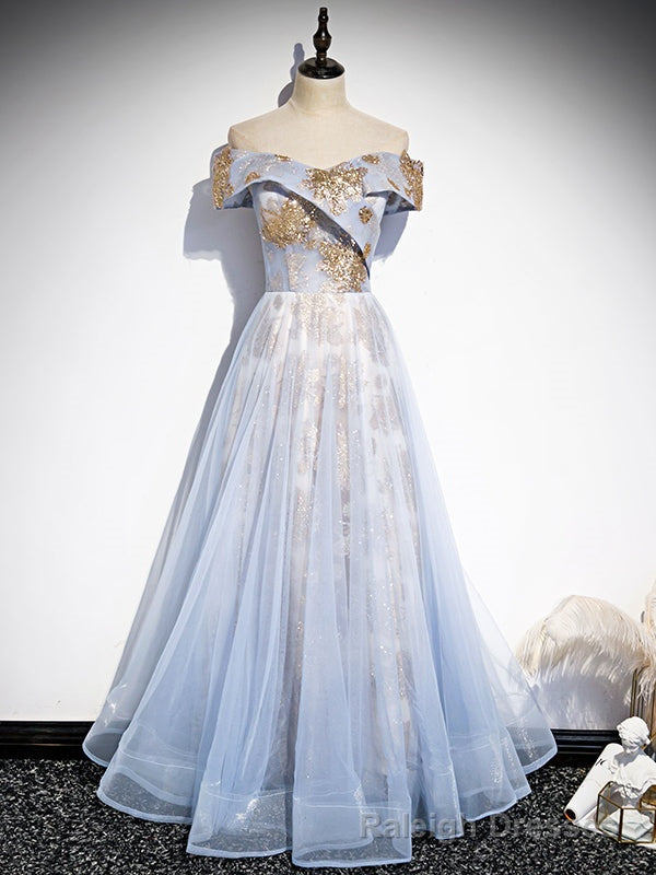 Light Blue Tulle Sequins Off the Shoulder Prom Dress Main image