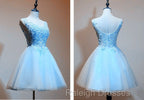 Light Blue Tulle Short Prom Dresses With Lace Applique V Neckline Homecoming Dresses