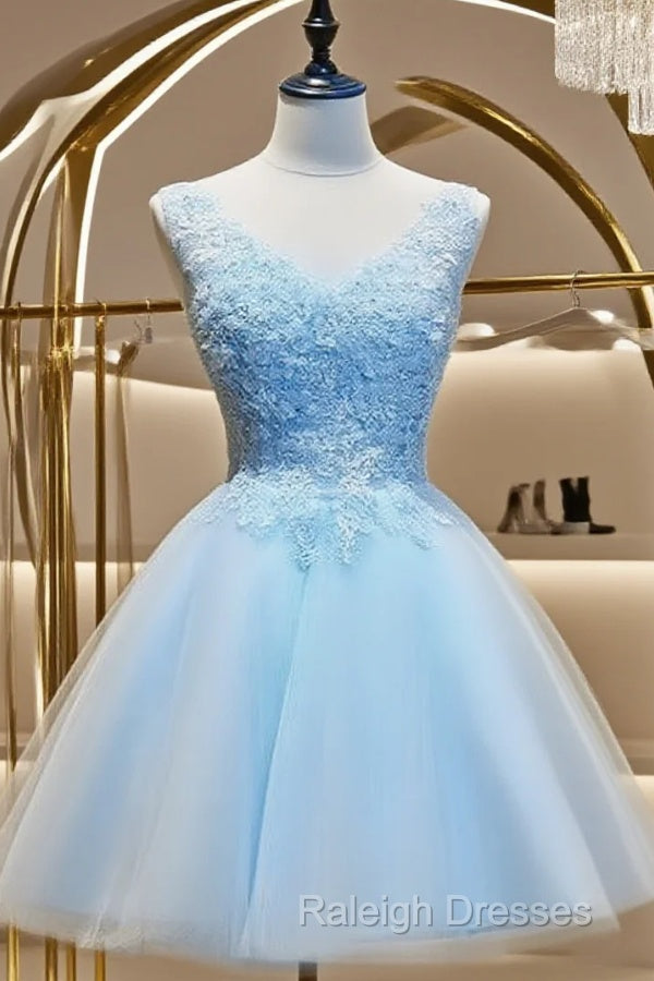 Light Blue Tulle Short Party Dress With Lace Applique, V-Neckline Homecoming Dress