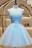 Light Blue Tulle Short Party Dress With Lace Applique, V-Neckline Homecoming Dress