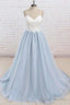 Light Blue Tulle Simple Spaghetti Straps Sweep Train Backless Prom Dress