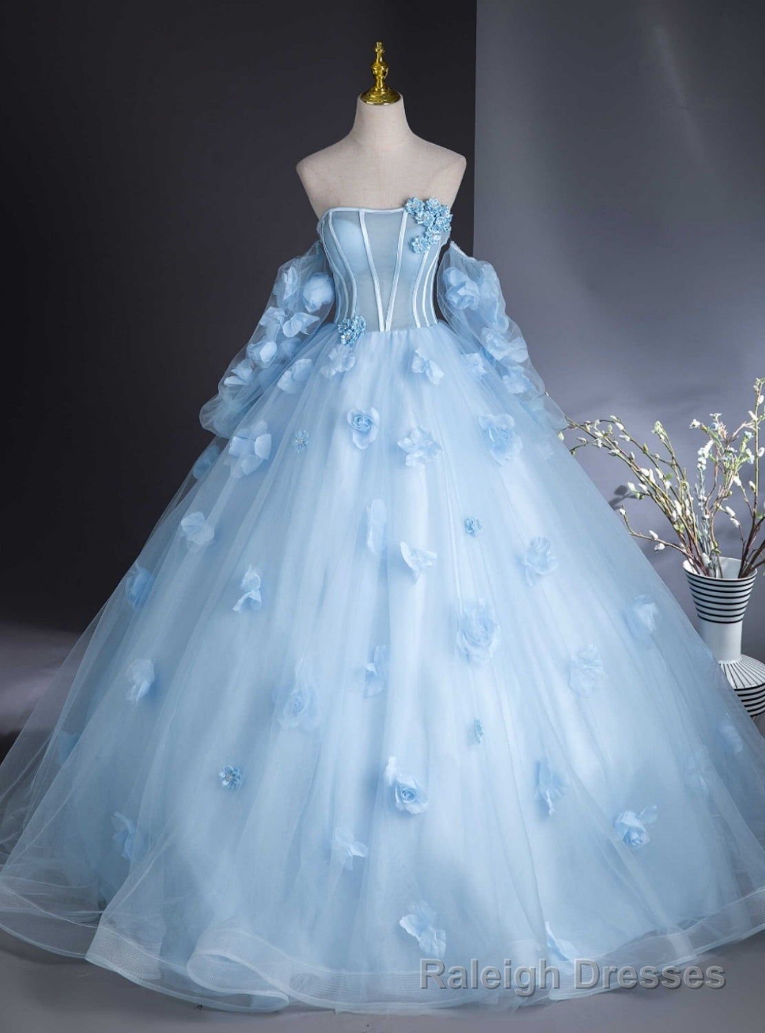 Light Blue Tulle Strapless Long Sleeve 3D Flower Quinceanera Dress