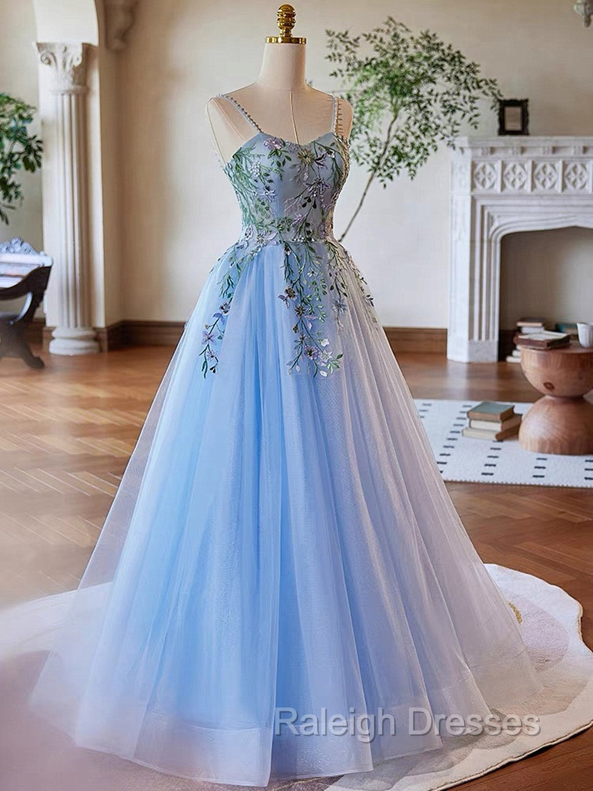 Light Blue Tulle Straps With Lace Applique Prom Dress, Light Blue Prom Dress Secondary image
