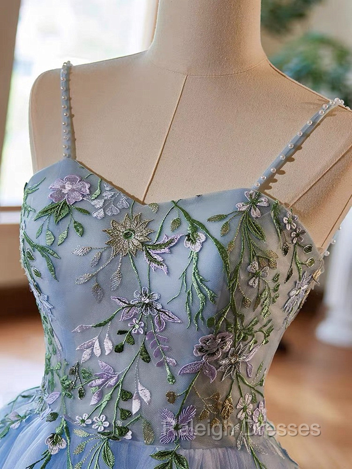 Light Blue Tulle Straps With Lace Applique Prom Dress, Light Blue Party Dress