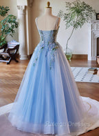 Light Blue Tulle Straps With Lace Applique Prom Dress, Light Blue Party Dress