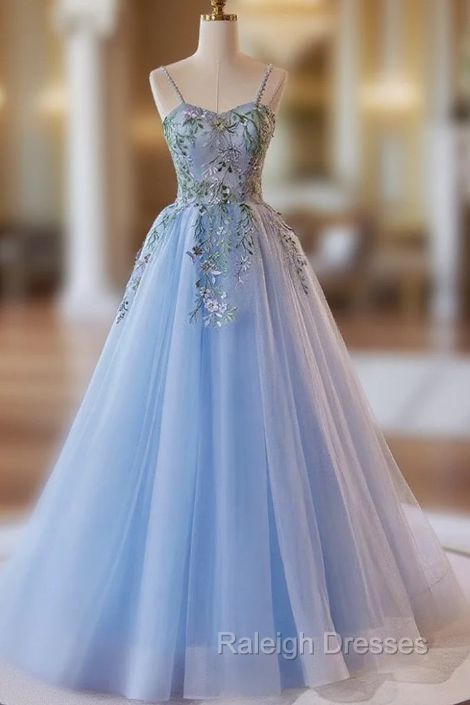 Light Blue Tulle Straps With Lace Applique Prom Dress, Light Blue Prom Dress Main image