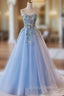 Light Blue Tulle Straps With Lace Applique Prom Dress, Light Blue Party Dress